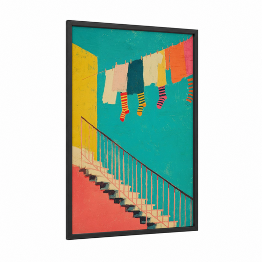 Colorful Laundry Staircase framed art print — black wood frame — teal and gold palette