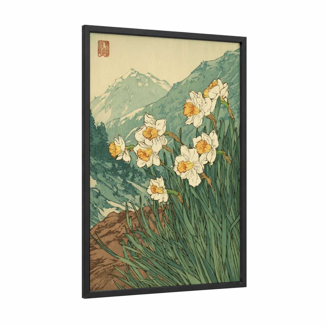 Alpine Daffodils framed art print — black wood frame — light green and gold palette