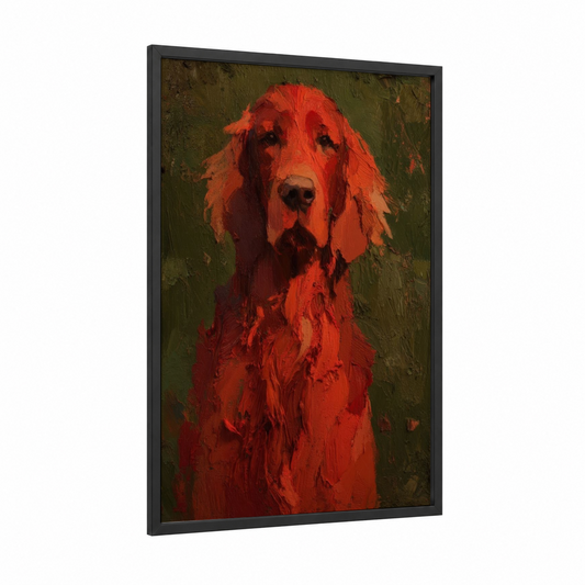 Crimson Setter Portrait framed art print — black wood frame — red and olive palette