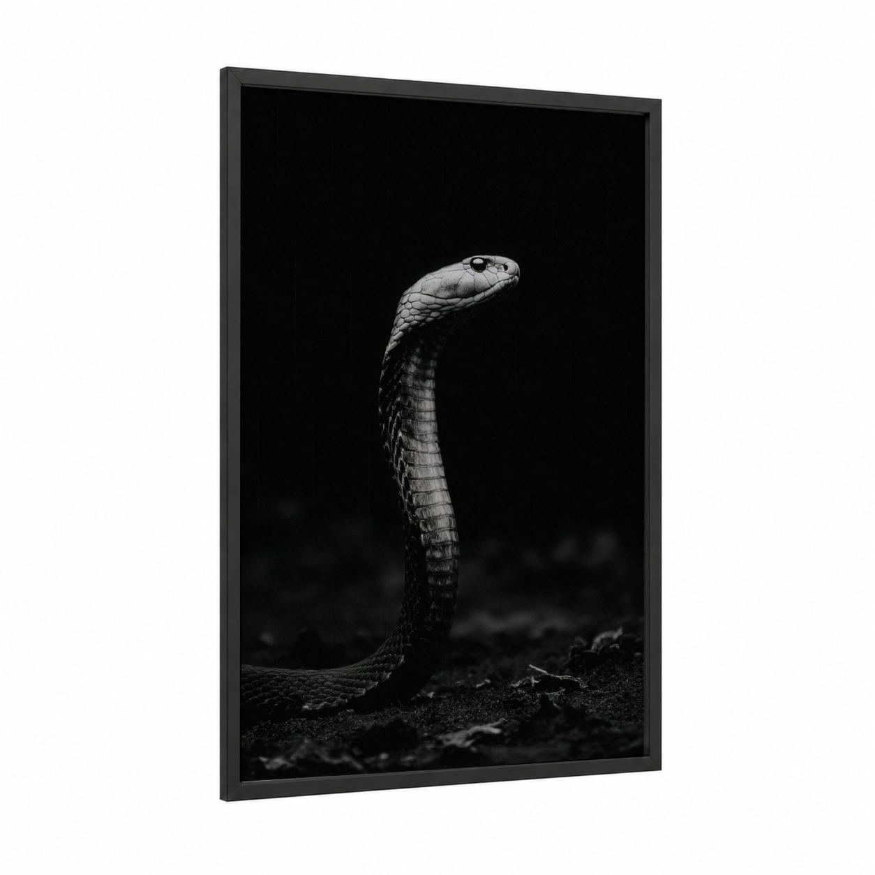 Striking Cobra framed art print — black wood frame — black and white palette