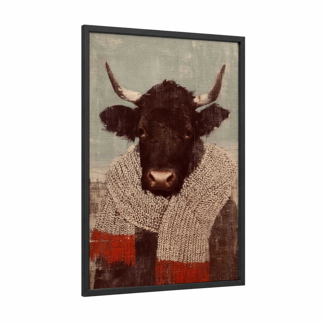 Cozy Hereford framed hereford cow print — black wood frame — beige and maroon palette