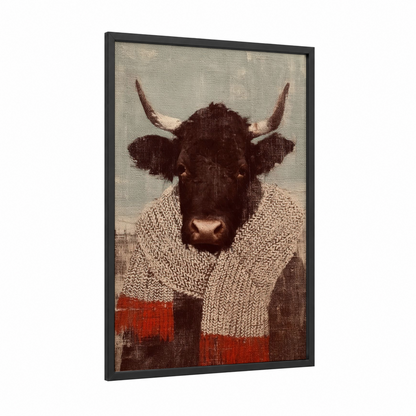 Cozy Hereford framed hereford cow print — black wood frame — beige and maroon palette