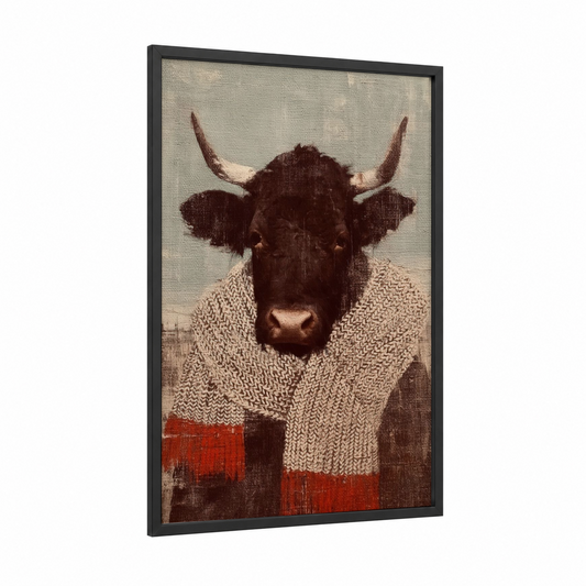 Cozy Hereford framed hereford cow print — black wood frame — beige and maroon palette