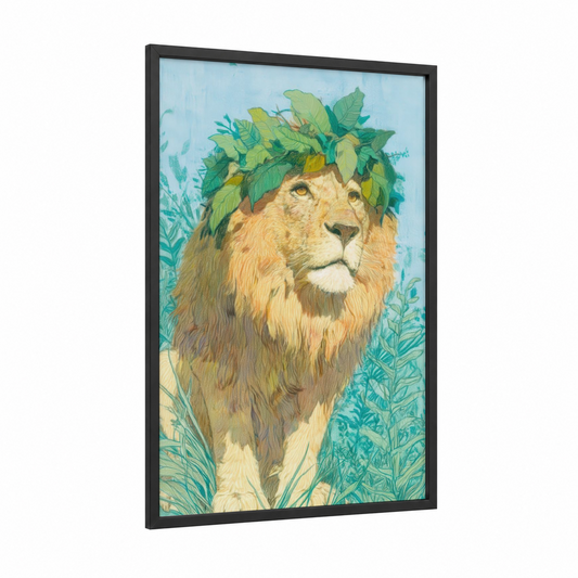 Crowned Lion framed art print — black wood frame — blue and white and light green palette