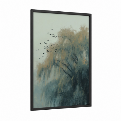 Misty Willow framed willow tree print — black wood frame — gray and beige palette