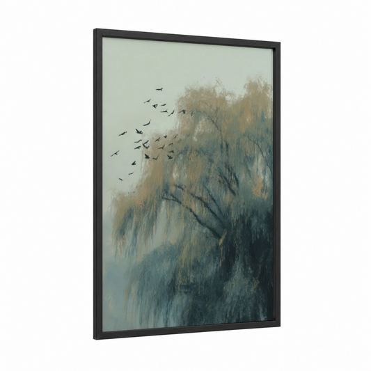 Misty Willow framed willow tree print — black wood frame — gray and beige palette