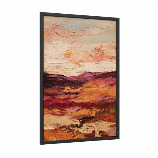 Crimson Dune Sunset framed art print — black wood frame — russet and gold palette