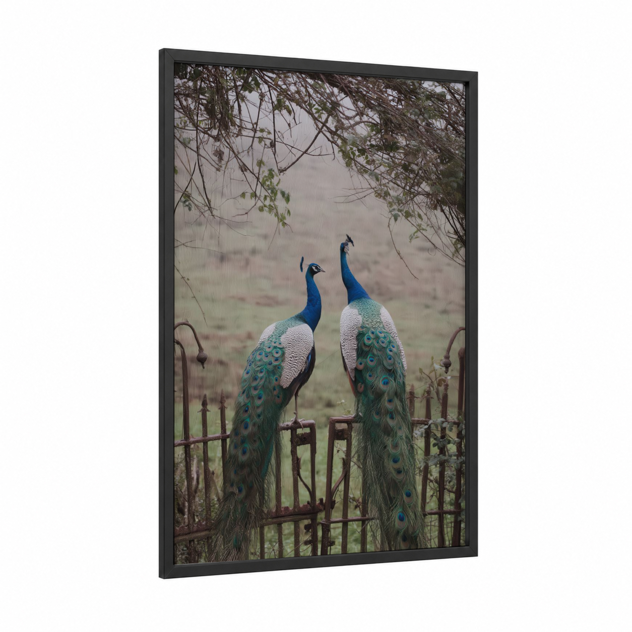 Peacock Pair Gates framed art print — black wood frame — teal and dove gray palette