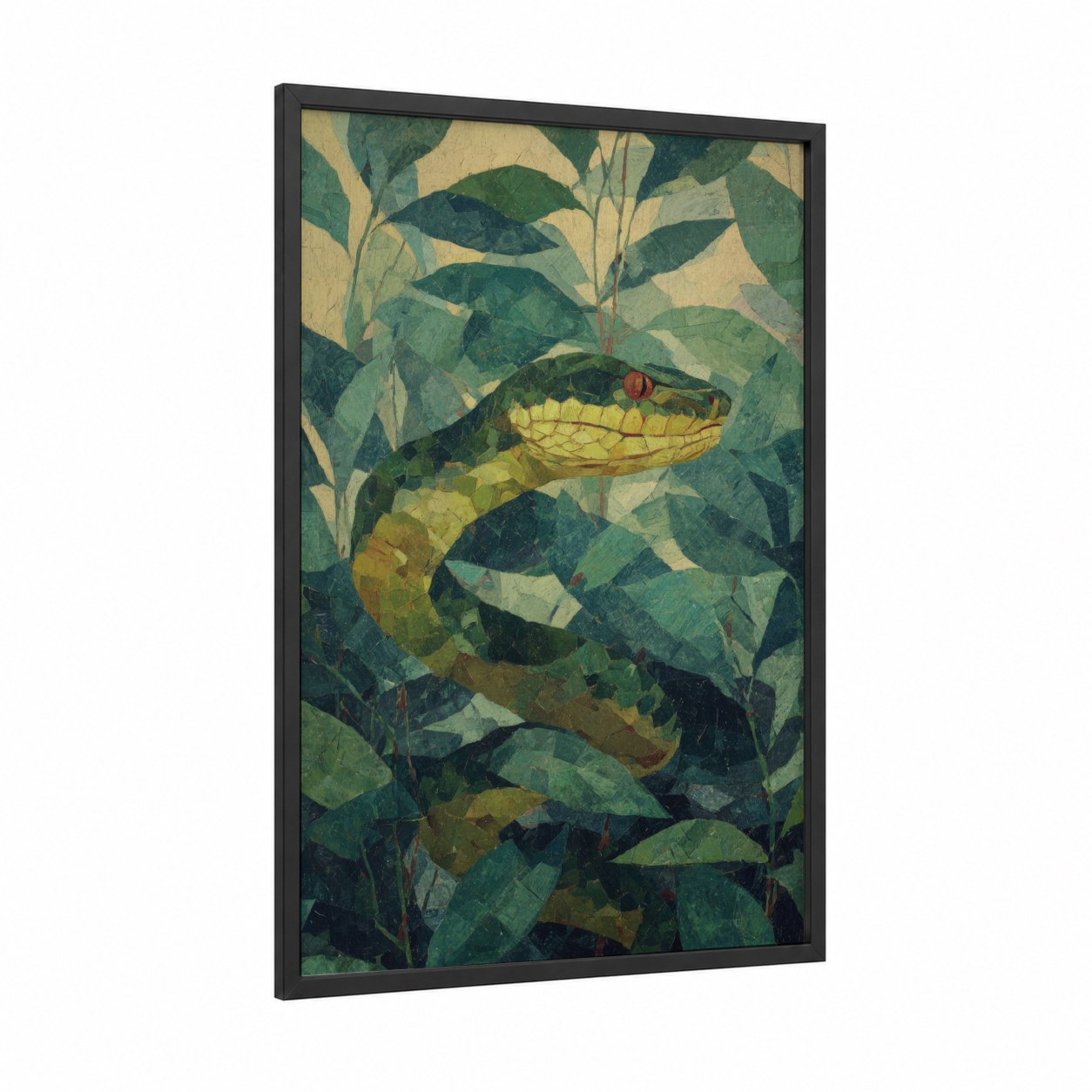 Emerald Viper framed art print — black wood frame — green and cream palette