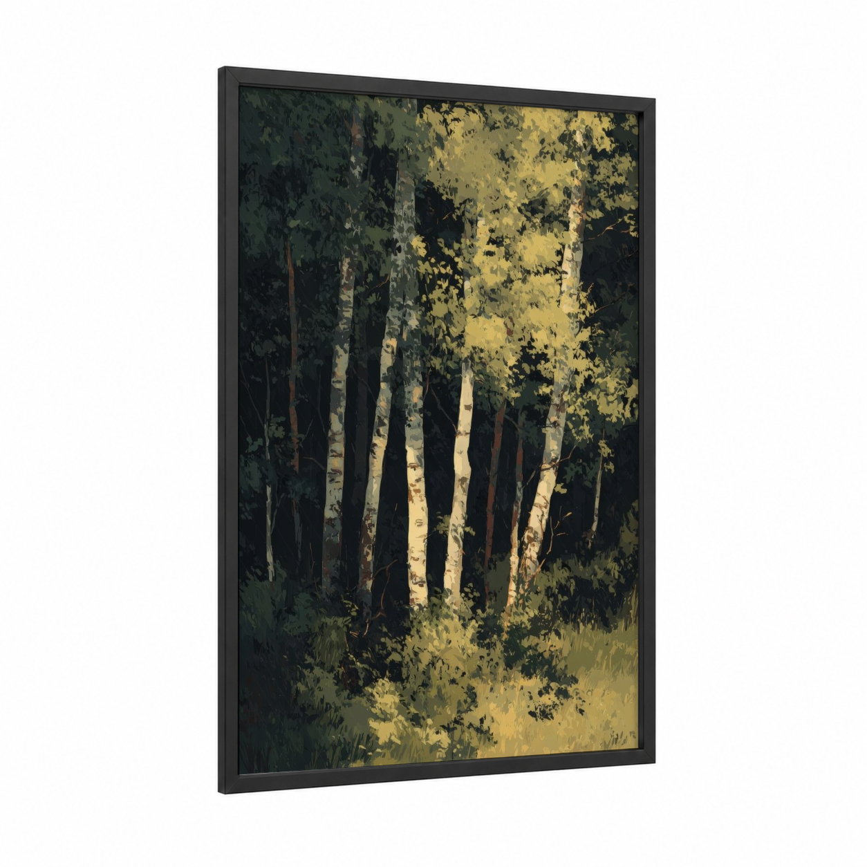 Golden Birch Forest framed art print — black wood frame — yellow gold and dark green palette
