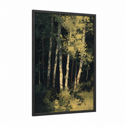 Golden Birch Forest framed art print — black wood frame — yellow gold and dark green palette