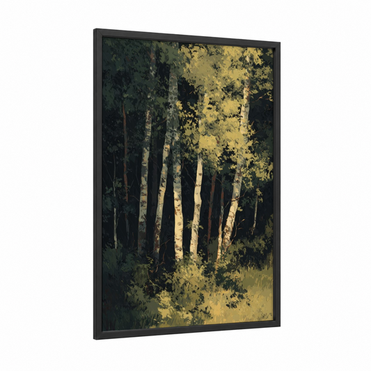 Golden Birch Forest framed art print — black wood frame — yellow gold and dark green palette