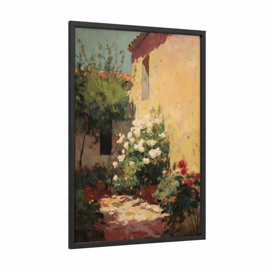 Cottage Peony Garden framed art print — black wood frame — cream and gold palette