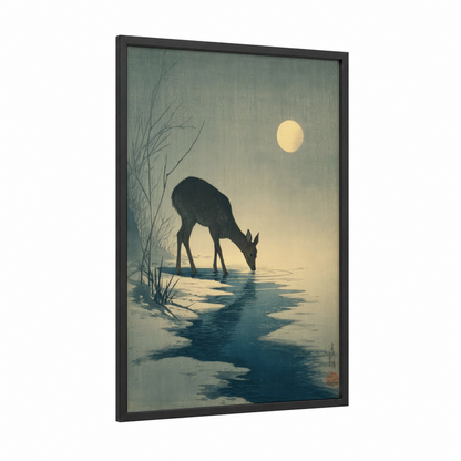 Moonlit Elk Drinking framed art print — black wood frame — sage green and gold palette