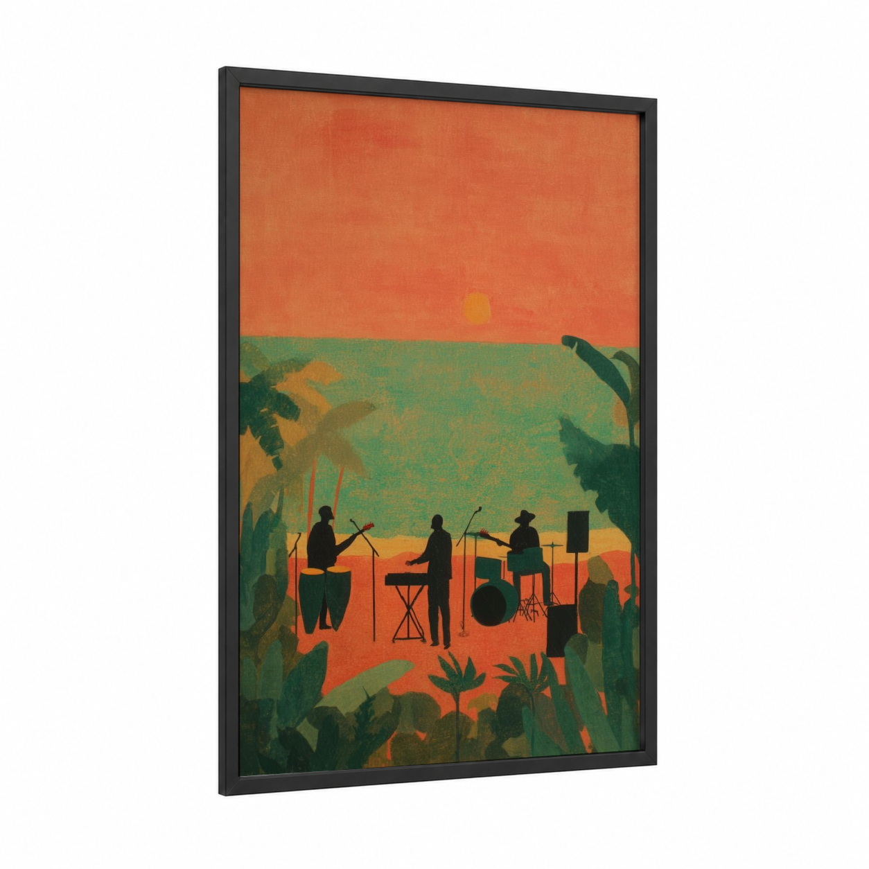 Tropical Reggae Sunset framed art print — black wood frame — orange and green palette