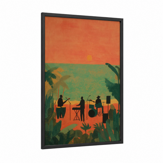 Tropical Reggae Sunset framed art print — black wood frame — orange and green palette
