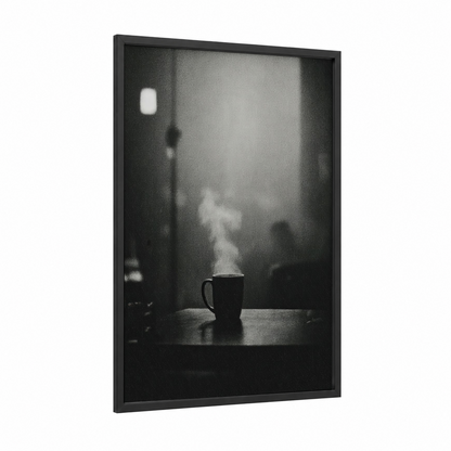 Steaming Morning Coffee framed art print — black wood frame — black and white palette