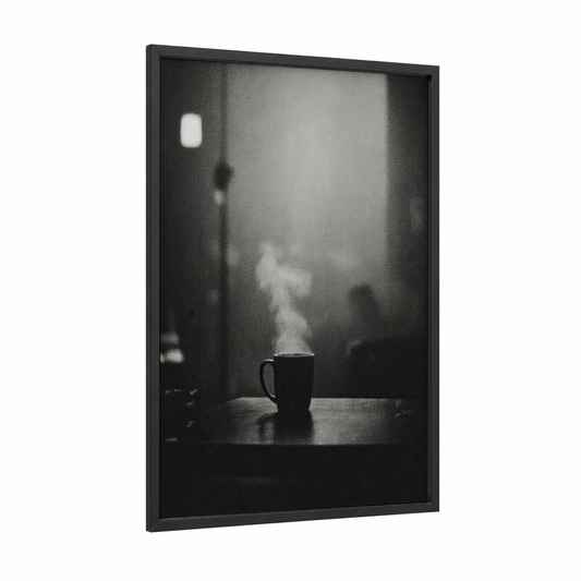 Steaming Morning Coffee framed art print — black wood frame — black and white palette