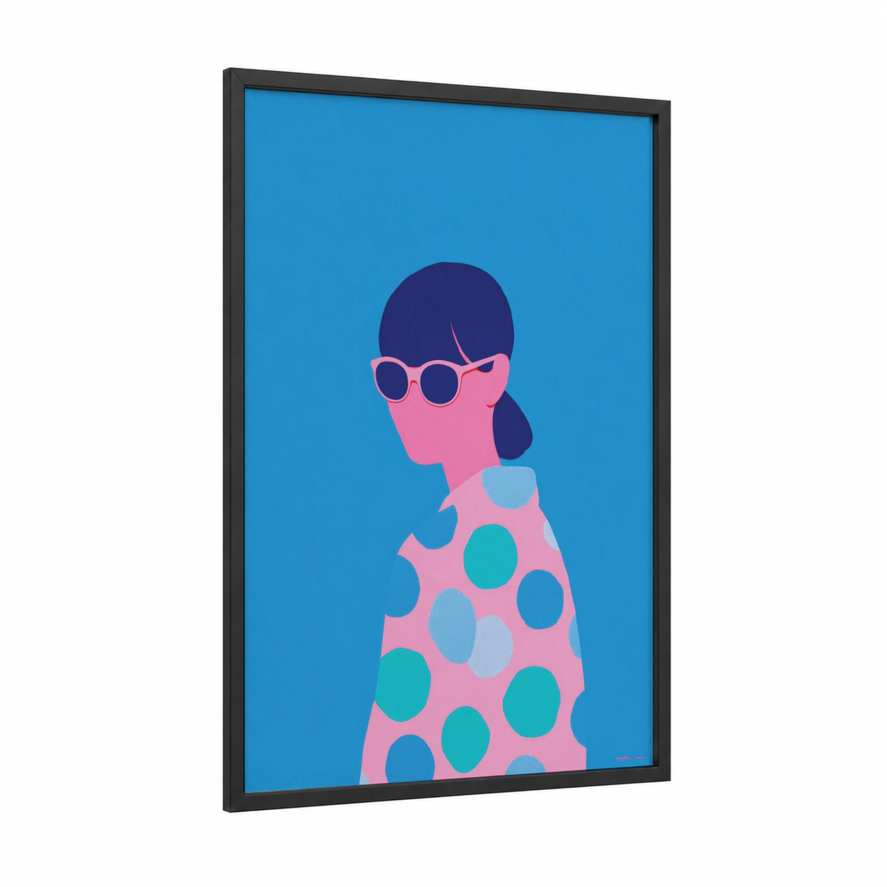 Polka Dot Fashion framed fashion illustration print — black wood frame — blue and pink palette