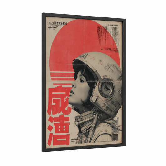 Futuristic Pilot framed japanese retrofuturism print — black wood frame — red and black and white palette