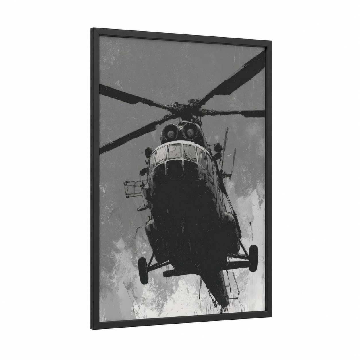 Industrial Helicopter Overhead framed art print — black wood frame — black and white palette