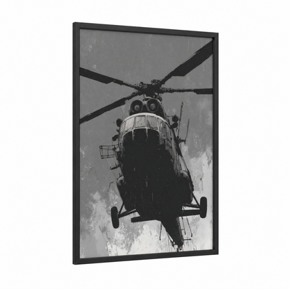 Industrial Helicopter Overhead framed art print — black wood frame — black and white palette