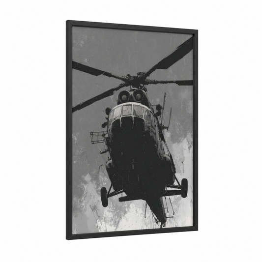 Industrial Helicopter Overhead framed art print — black wood frame — black and white palette