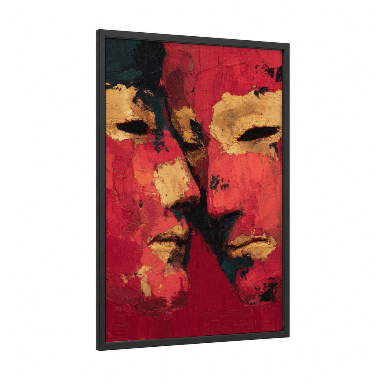 Crimson Theater Masks framed art print — black wood frame — red and gold palette