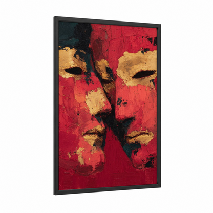Crimson Theater Masks framed art print — black wood frame — red and gold palette
