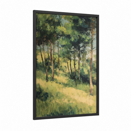 Sunlit Pine Forest framed art print — black wood frame — green and yellow gold palette