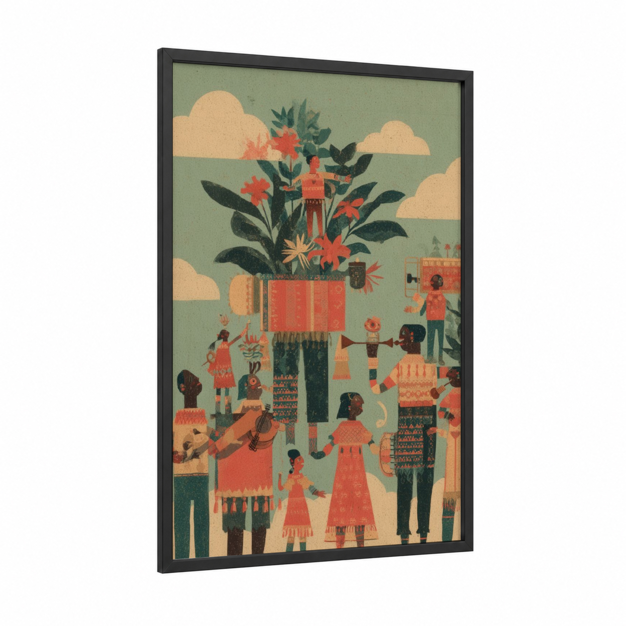 Festive Community Garden framed cinco de mayo print — black wood frame — sage green and russet palette