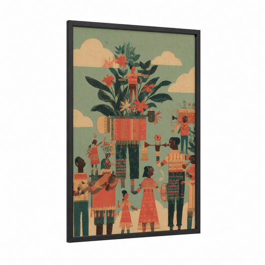 Festive Community Garden framed cinco de mayo print — black wood frame — sage green and russet palette
