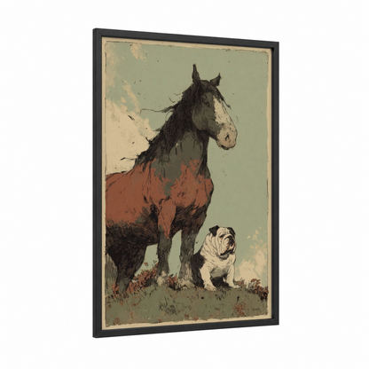 Vintage Horseback Pair framed art print — black wood frame — beige and sage green palette