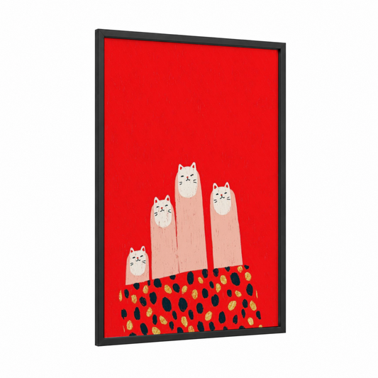 Kitty Nail Art framed art print — black wood frame — red and gold palette