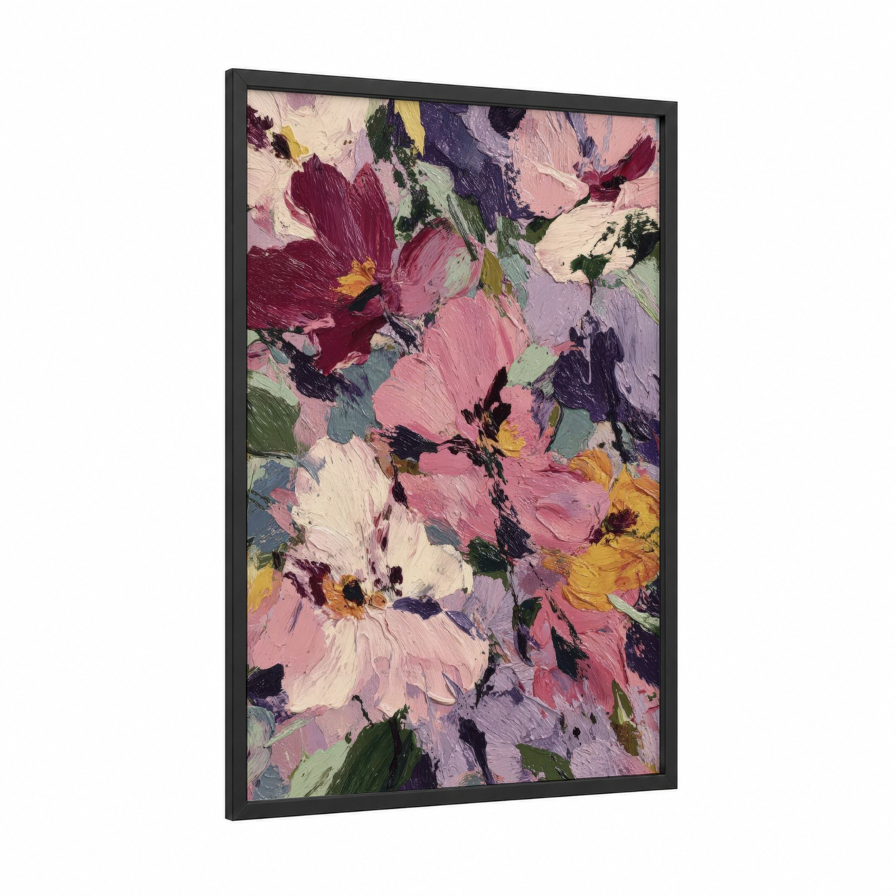 Garden Violets framed art print — black wood frame — purple and pink palette