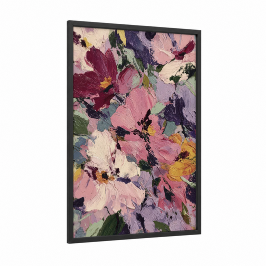 Garden Violets framed art print — black wood frame — purple and pink palette