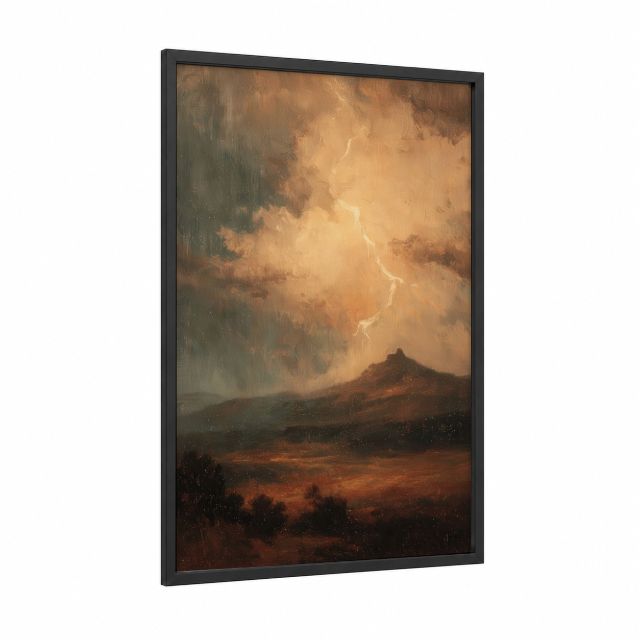 Stormy Peak Lightning framed art print — black wood frame — gold and brown palette