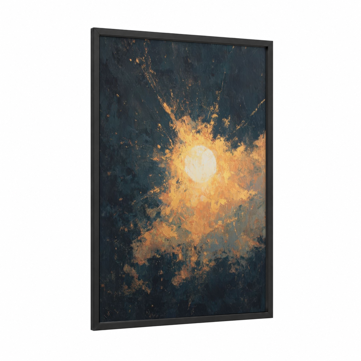 Celestial Burst framed star print — black wood frame — gold and dark blue palette