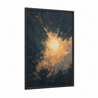 Celestial Burst framed star print — black wood frame — gold and dark blue palette