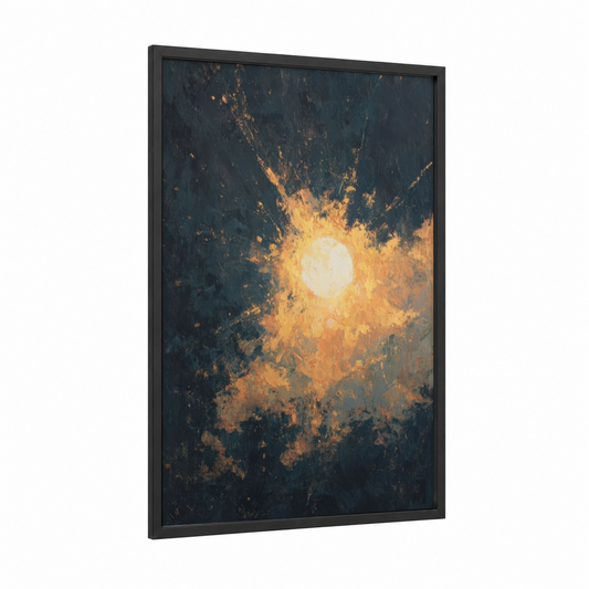Celestial Burst framed star print — black wood frame — gold and dark blue palette
