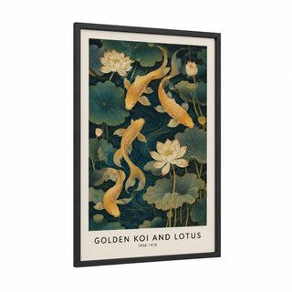 Golden Koi Fish and Lotus Wall Art framed art print — black wood frame — gold and dark green palette