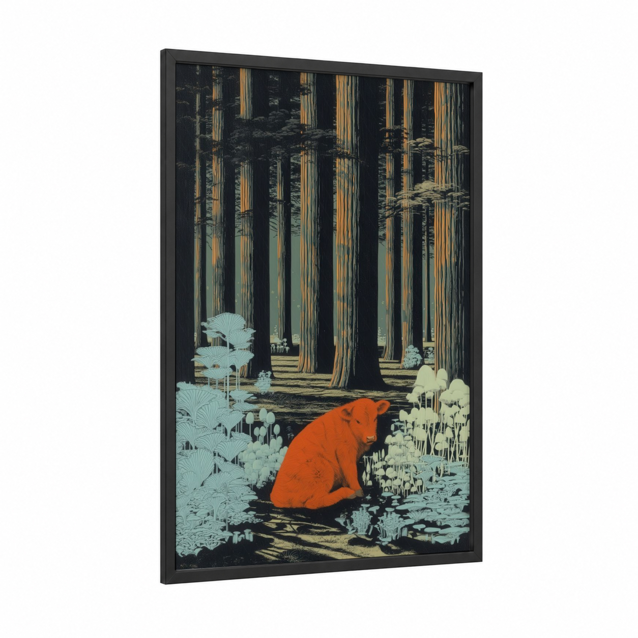 Forest Angus framed angus cow print — black wood frame — orange and black palette