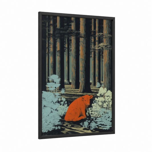 Forest Angus framed angus cow print — black wood frame — orange and black palette