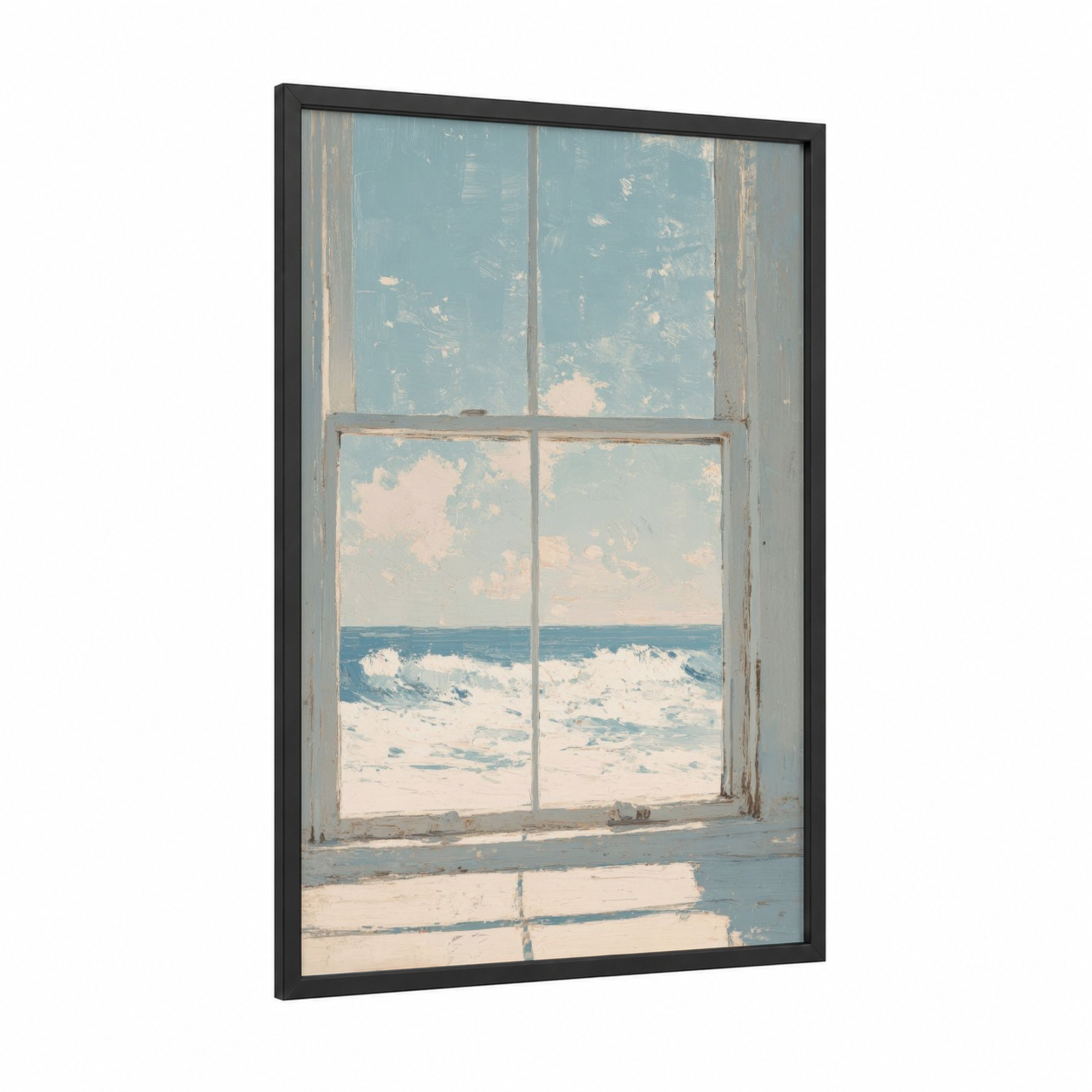 Coastal Window View framed art print — black wood frame — blue and white and cream palette