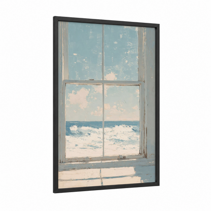 Coastal Window View framed art print — black wood frame — blue and white and cream palette