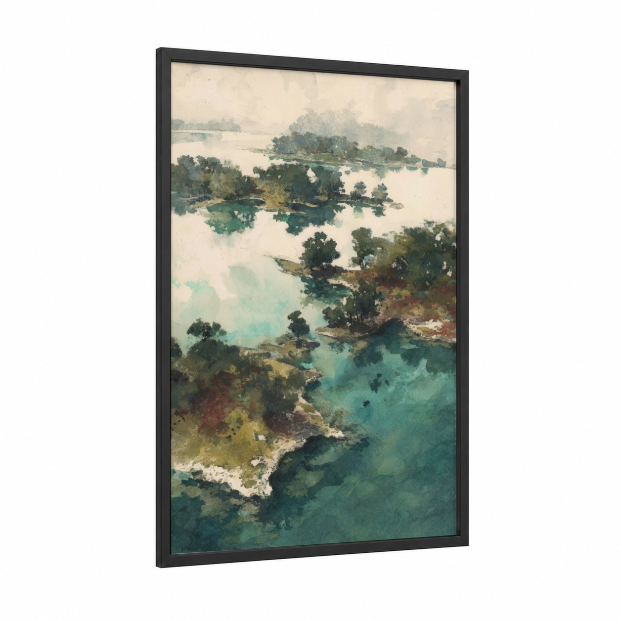 Misty Island Sanctuary framed art print — black wood frame — turquoise and cream palette