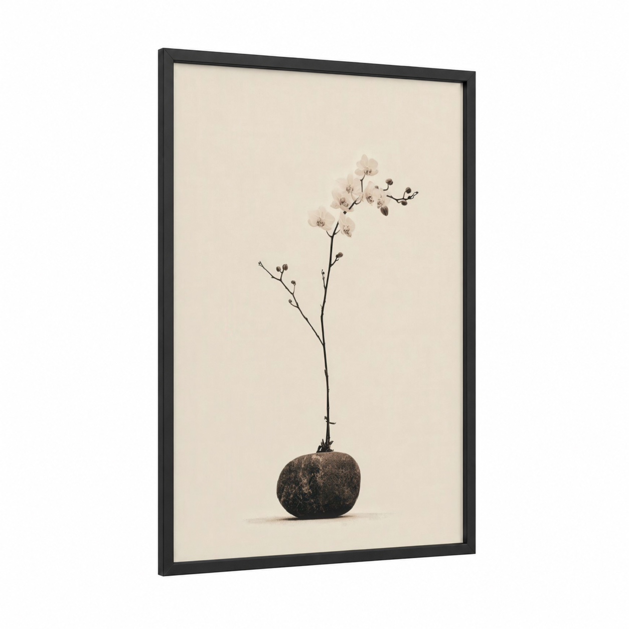 Stone Orchid framed art print — black wood frame — cream and gray palette