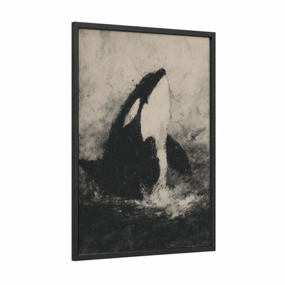 Breaching Orca framed orca whale print — black wood frame — black and white and gray palette