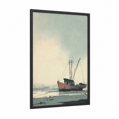 Rustic Harbor Vessel framed old ships print — black wood frame — russet and gray and white palette