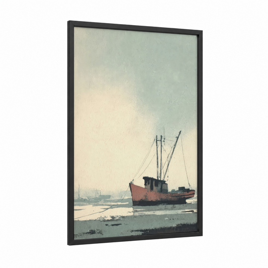 Rustic Harbor Vessel framed old ships print — black wood frame — russet and gray and white palette